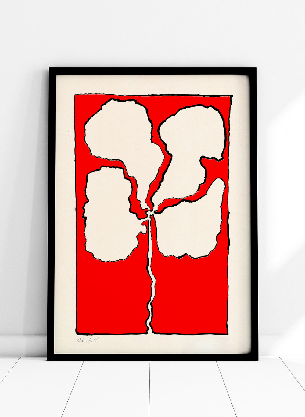 Abstract floral artwork with white shapes on a red background. Red Flower by Eden Kalif is a modern floral art print featuring bold red background and abstract flower form in a contemporary graphic wall poster design.