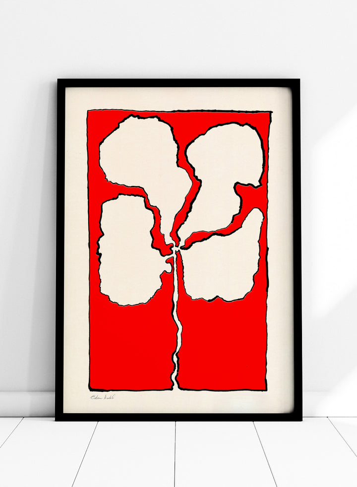Abstract floral artwork with white shapes on a red background. Red Flower by Eden Kalif is a modern floral art print featuring bold red background and abstract flower form in a contemporary graphic wall poster design.