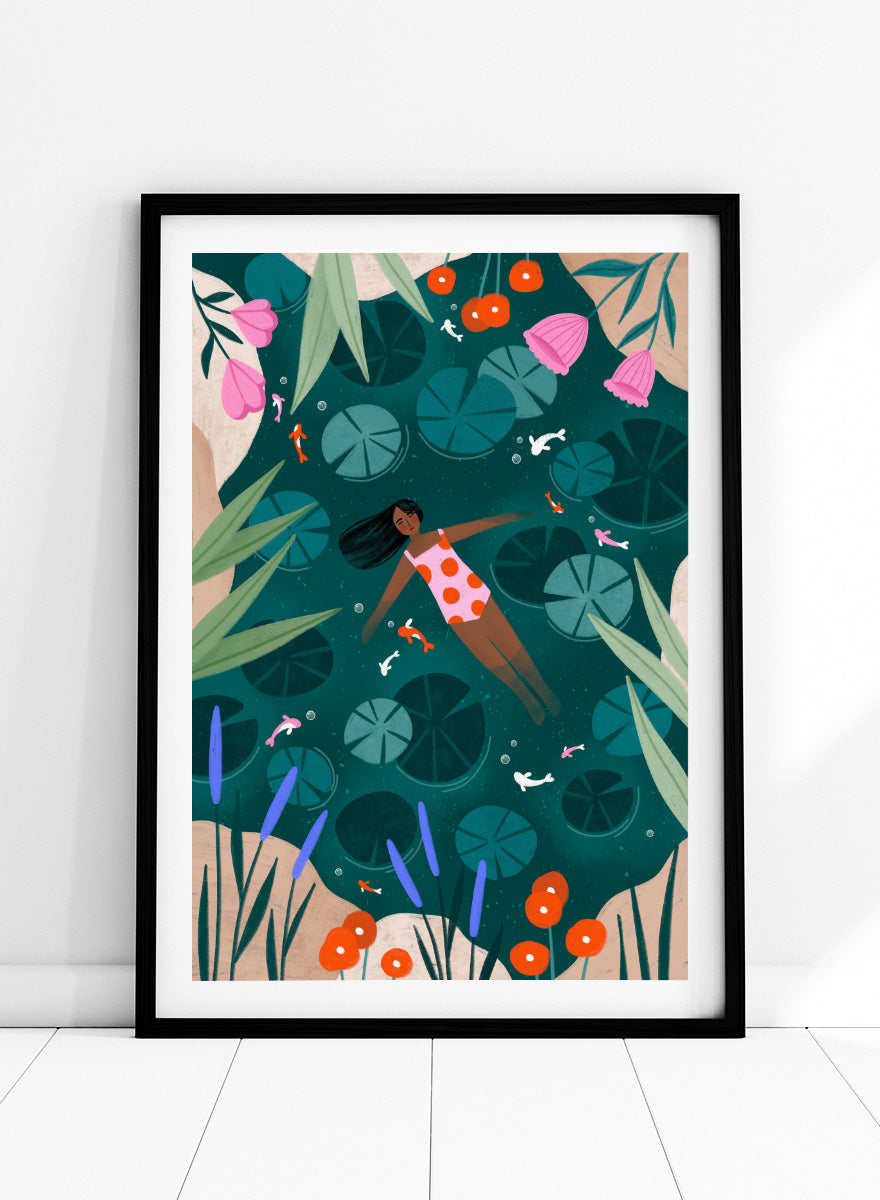 Shop Woman Floating Lily Pond by Bea Müller, a figurative wall art print poster featuring a woman floating among lily pads, flowers, and colorful fish in deep green water.