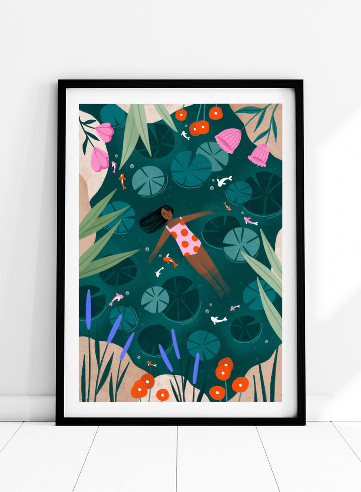 Shop Woman Floating Lily Pond by Bea Müller, a figurative wall art print poster featuring a woman floating among lily pads, flowers, and colorful fish in deep green water.