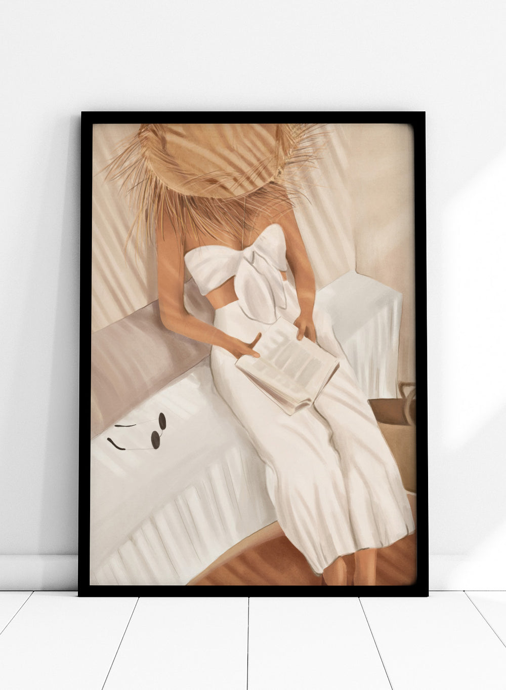 Woman in a white dress holding a clutch, sitting on a couch with a neutral background. Chic Summer Reading by City Art features a woman reading in a sunlit bedroom, bringing warm neutrals, relaxed interiors, and organic summer style home.