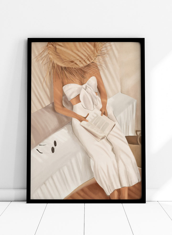 Woman in a white dress holding a clutch, sitting on a couch with a neutral background. Chic Summer Reading by City Art features a woman reading in a sunlit bedroom, bringing warm neutrals, relaxed interiors, and organic summer style home.