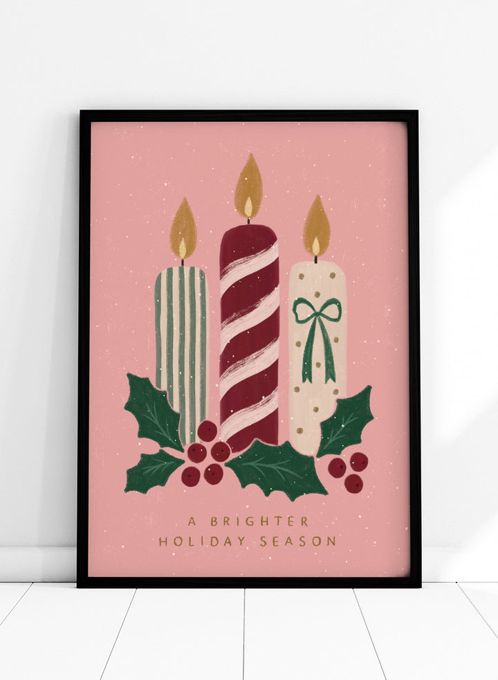 Shop Festive Holiday Candles by Katarzyna Gąsiorowska, a Christmas wall art print poster with candles, holly, berries, and festive holiday charm.