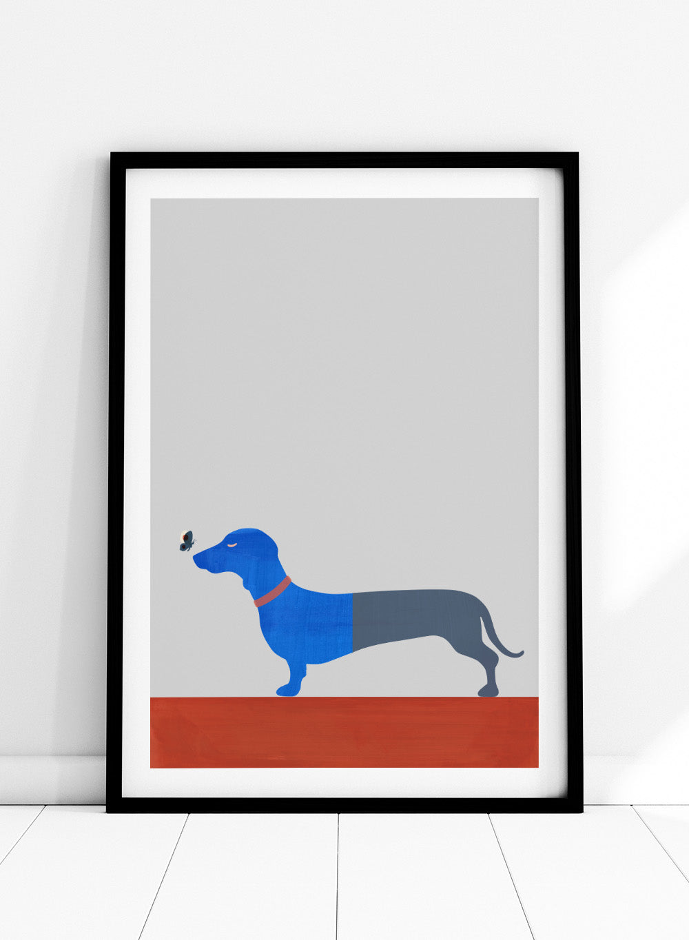 Blue dachshund wall art print by Casa Cartissi featuring a modern butterfly illustration. Contemporary minimalist animal poster with textured shapes and warm color palette.