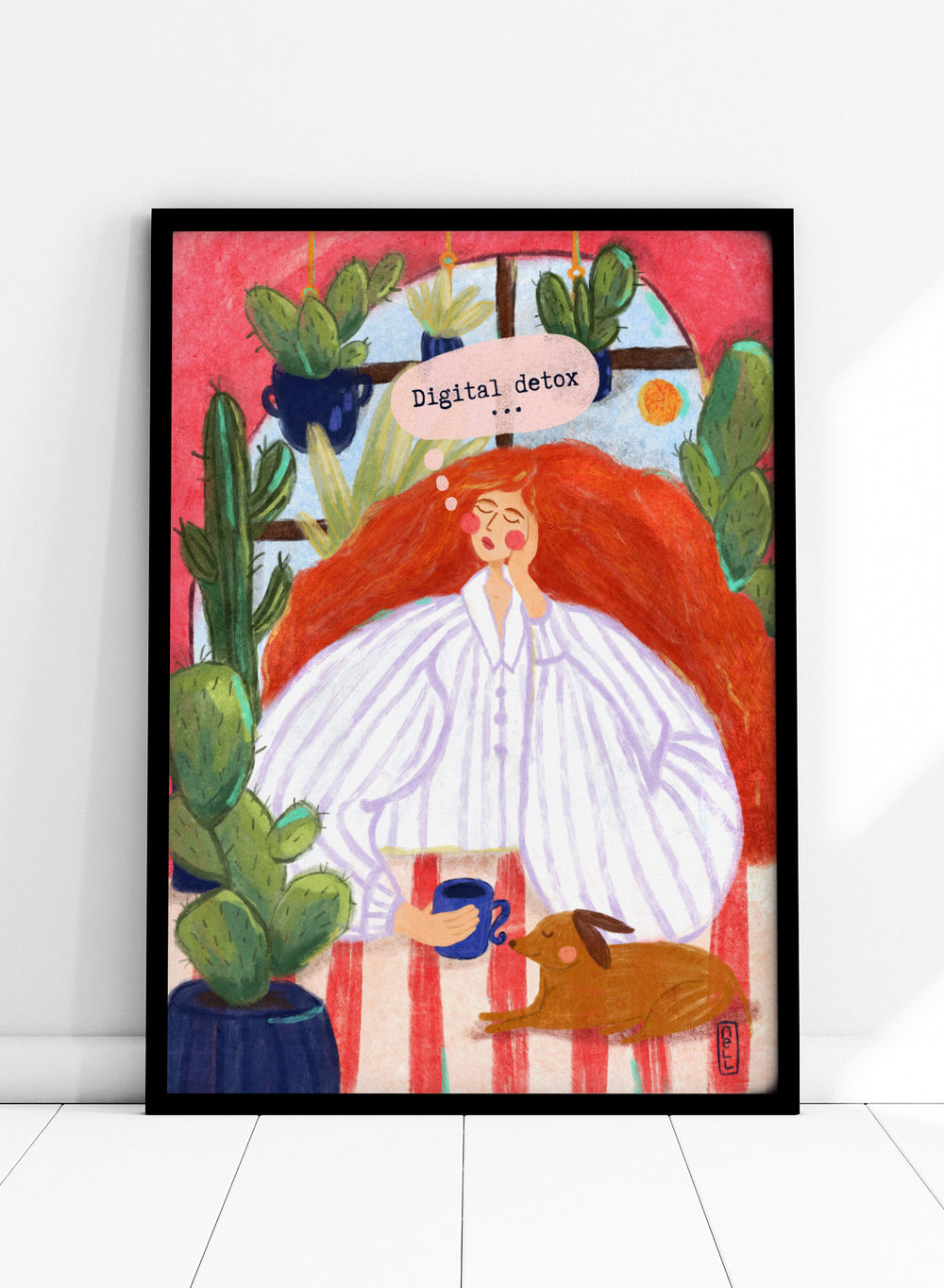 Illustration of a woman with red hair in a white shirt, sitting with a cup and a dog, surrounded by cacti with a 'Digital Detox' speech bubble. Digital Detox Morning by Dirkie Nell is a contemporary lifestyle art print featuring hand painted cacti, a sleepy dog, coffee, and colorful modern illustration details.