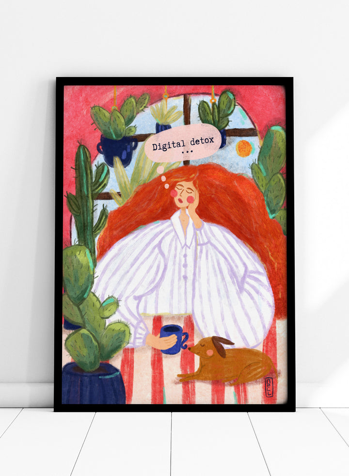 Illustration of a woman with red hair in a white shirt, sitting with a cup and a dog, surrounded by cacti with a 'Digital Detox' speech bubble. Digital Detox Morning by Dirkie Nell is a contemporary lifestyle art print featuring hand painted cacti, a sleepy dog, coffee, and colorful modern illustration details.