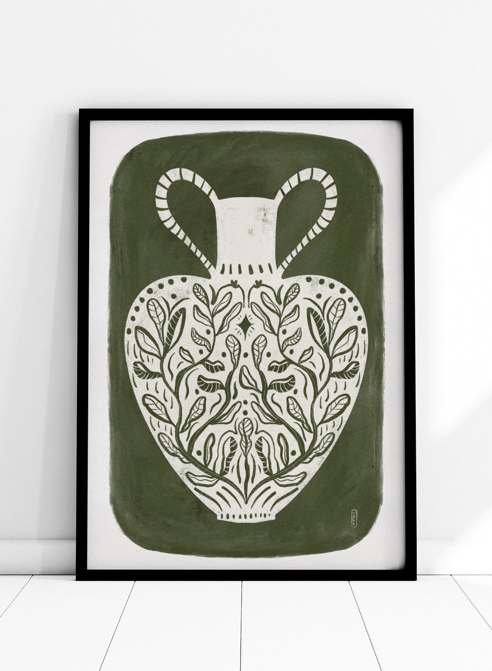 Botanical Folk Vase by Dirkie Nell is a modern folk art print featuring botanical vase illustration, olive green tones, and hand drawn Scandinavian inspired wall art.