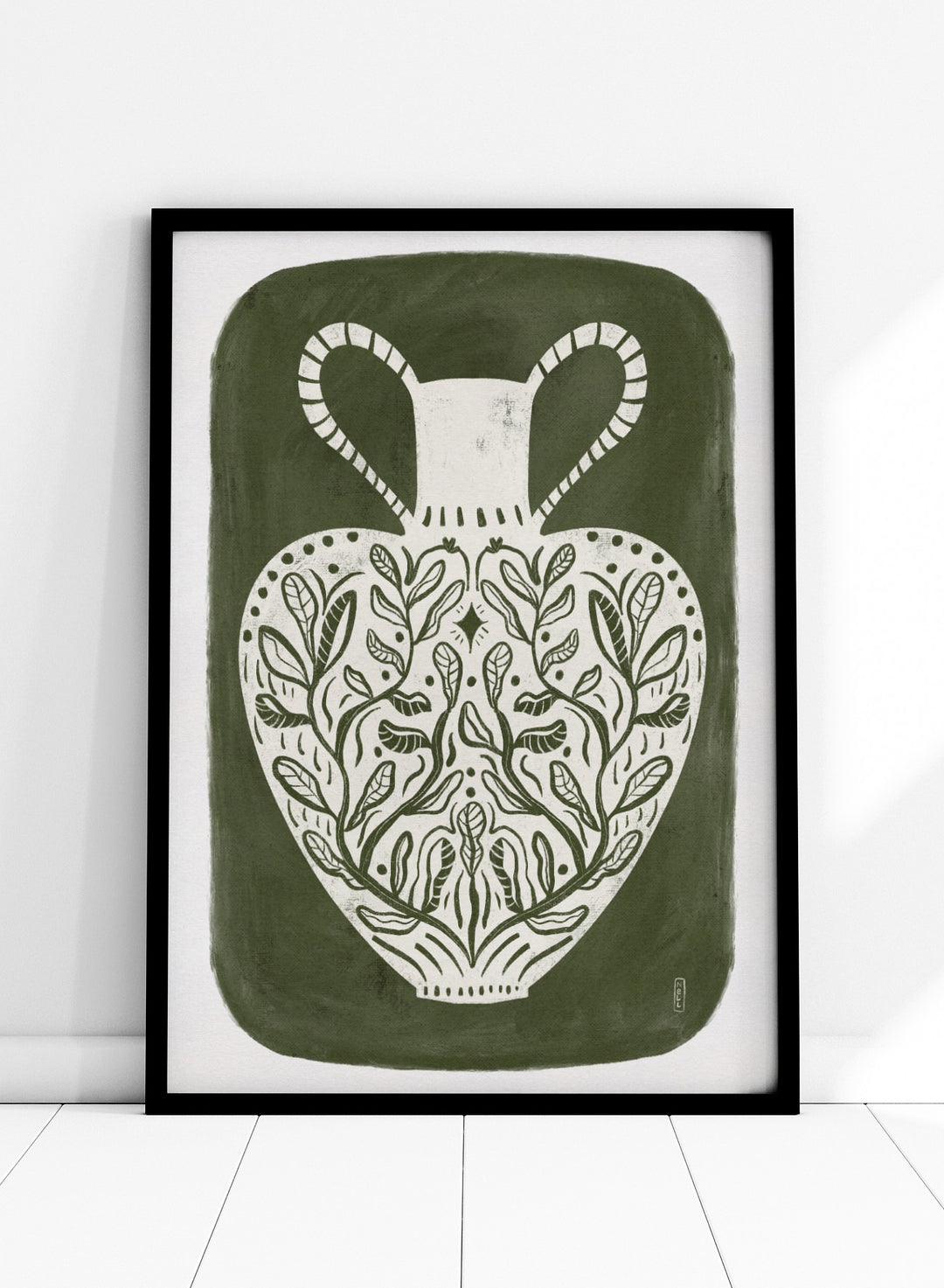 Botanical Folk Vase by Dirkie Nell is a modern folk art print featuring botanical vase illustration, olive green tones, and hand drawn Scandinavian inspired wall art.