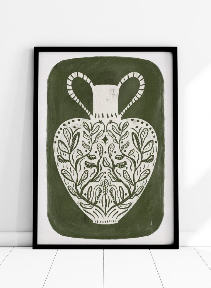 Botanical Folk Vase by Dirkie Nell is a modern folk art print featuring botanical vase illustration, olive green tones, and hand drawn Scandinavian inspired wall art.