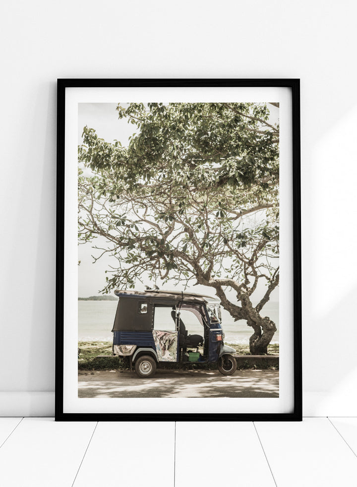 A framed photographic print featuring a small blue and white auto rickshaw parked under a large leafy tree beside a body of water. Tuk Tuk Tour by Shot by Clint travel photography print featuring a blue tuk tuk, surfboard, coastal tree, and relaxed seaside setting.