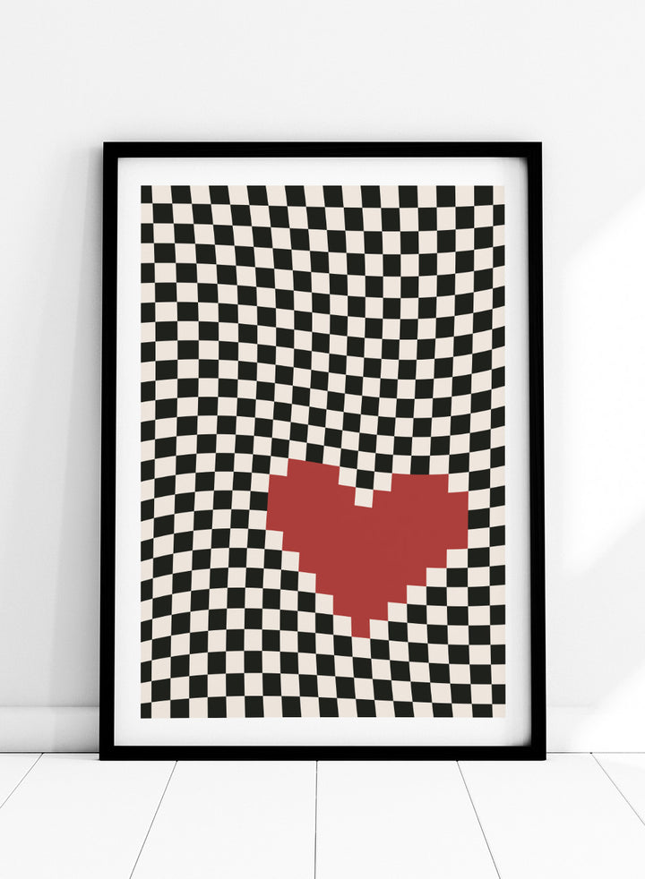 Checkered pattern with a red heart in the center. Pixel Heart by Frankie Kerr-Dineen features a red pixel heart on a wavy checkerboard background. Modern graphic art print and contemporary wall poster.