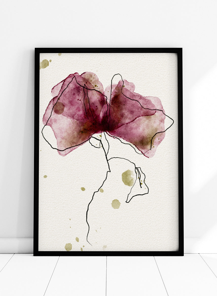 Abstract watercolor floral art print featuring a large flower with translucent mauve, burgundy, and olive-green washes outlined in black on textured off-white paper. Shop Ethereal Floral Outline by Ankie Kooi, a modern floral wall art print poster with abstract flower line art, watercolor botanicals, deep berry, and olive green.