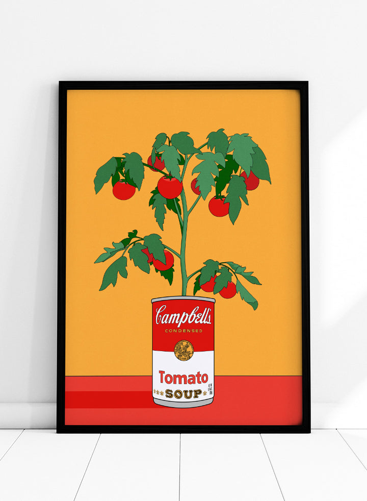 A stylized pop-art illustration of a tomato plant growing out of a Campbell&