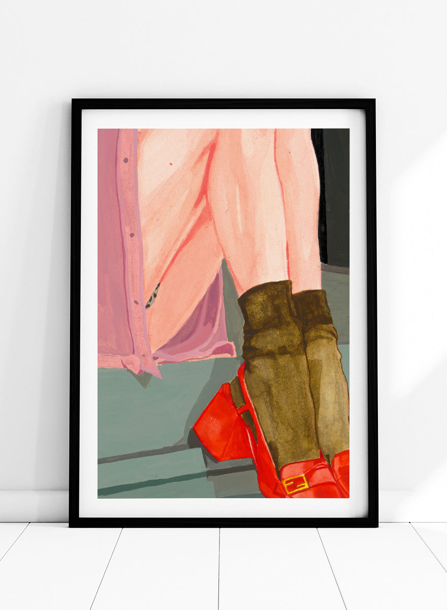 Shop Colorful Legs Red Shoes by Sophia Novosel, a modern figurative wall art print poster featuring red shoes, boots, legs, and fashion details.