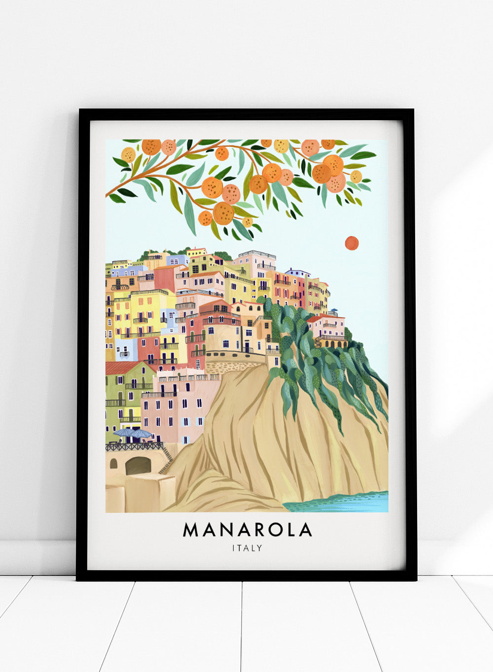 Manarola Cinque Terre Italy Colorful Coastal Ocean Town Villa Travel City Art Print | Landscape Illustration, Europe Travel Poster