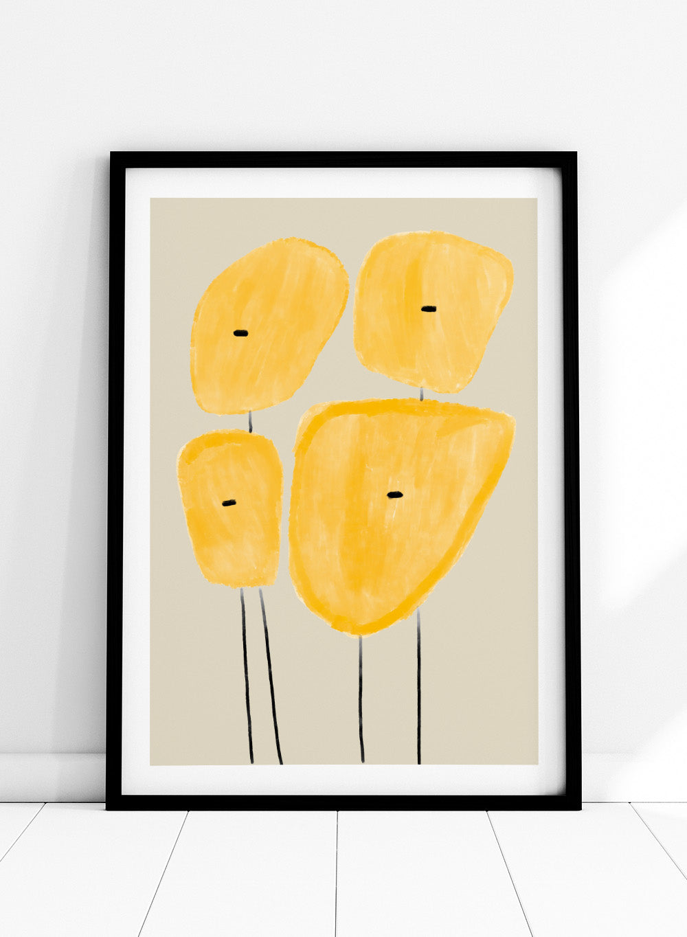 Abstract yellow plant art print by The MIUUS Studio. Minimalist modern wall art poster featuring geometric shapes, soft textures, and contemporary design.