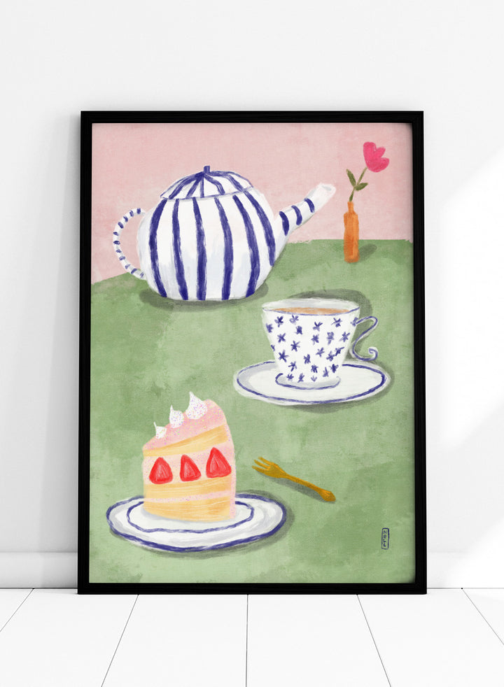 A whimsical watercolor-style illustration of a tea-time scene with a blue-and-white striped teapot, a blue-and-white patterned teacup and saucer, a slice of strawberry cake on a plate, a small gold fork, and a pink background with a vase holding a flower. Shop Strawberry Tea Time by Dirkie Nell, a colorful still life art print featuring strawberry cake, tea, a striped teapot, pink flowers, and retro pastel tones.