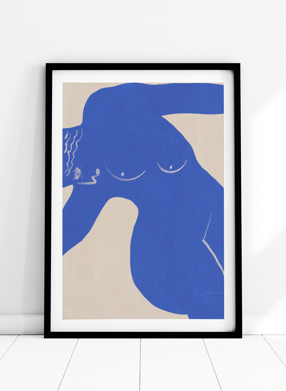 Bold Blue Silhouette art print by Little Dean. Contemporary abstract wall art featuring expressive blue shapes, minimalist portrait design, and modern illustration style.