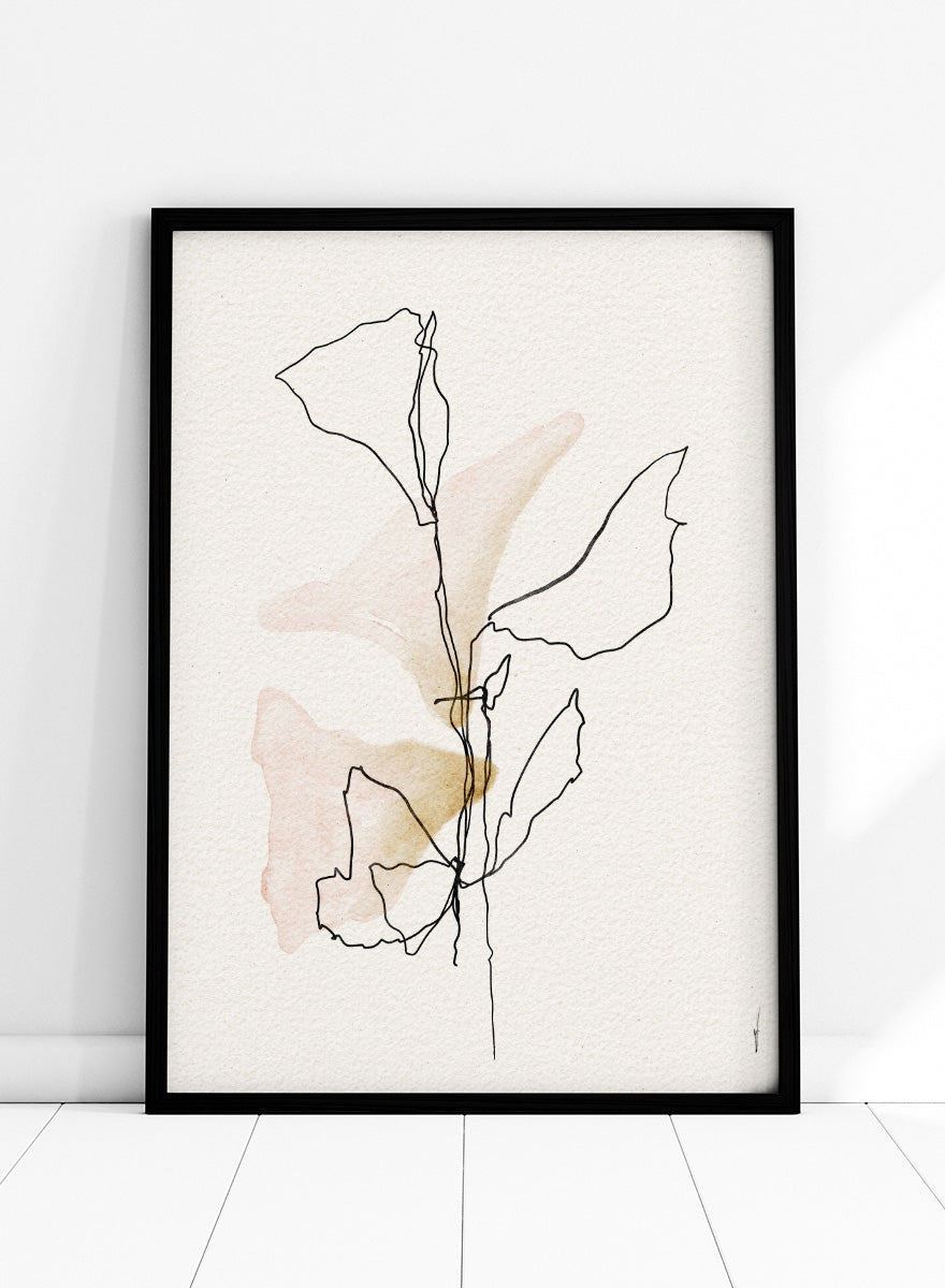 Shop Soft Blush Botanicals by Ankie Kooi, a modern botanical wall art print poster with minimalist line art, abstract leaves, blush pink, and soft ochre tones.