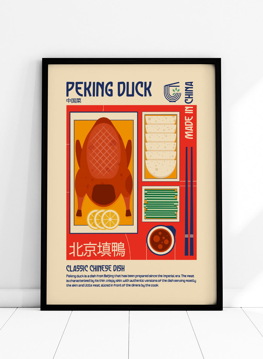 A stylized travel poster of Peking Duck, featuring a large illustration of a roasted duck, steamed buns, chopsticks, and a bowl of sauce on a beige background with red and blue graphic borders. Classic Peking Duck by Retrodrome retro kitchen art featuring Peking duck, pancakes, scallions, dipping sauce, Chinese typography, and bold vintage color.