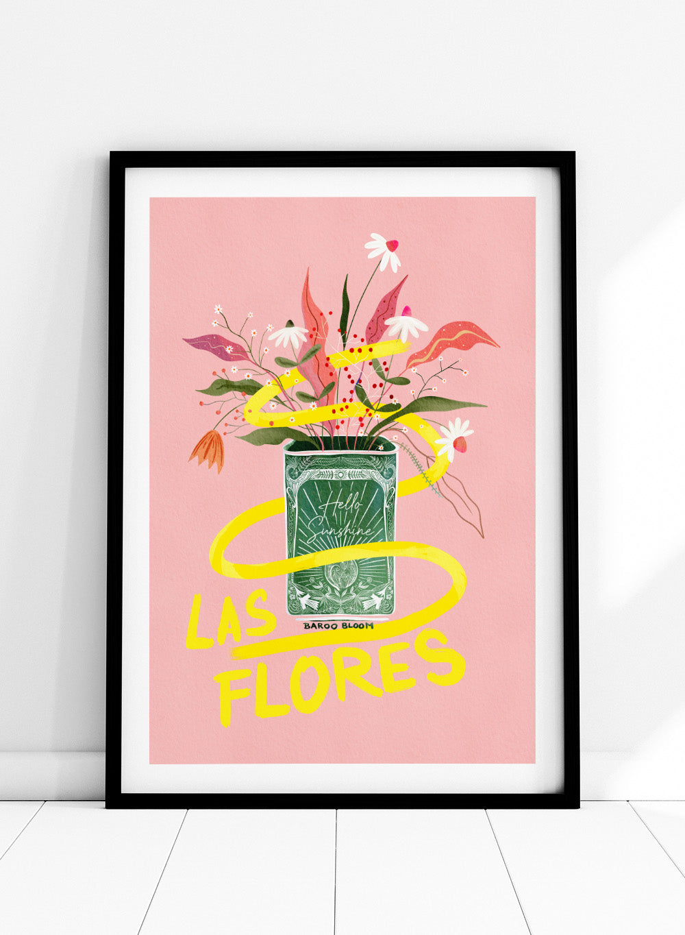 Illustration of a flower arrangement in a can with 'Las Flores' text on a pink background. Las Flores by Baroo Bloom is a colorful floral art print with playful illustration and bold lettering. Officially licensed wall poster with optional framing.