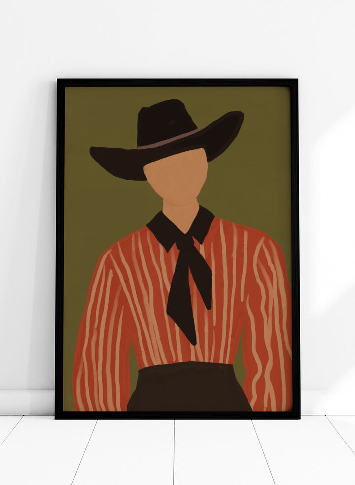 A stylized Western portrait painting of a person wearing a black cowboy hat, a red-orange and cream vertically striped shirt, and a black necktie against an olive green background. Modern Western Portrait by The Art Concept art print featuring a cowboy hat, striped rust shirt, neck scarf, and warm olive tones.