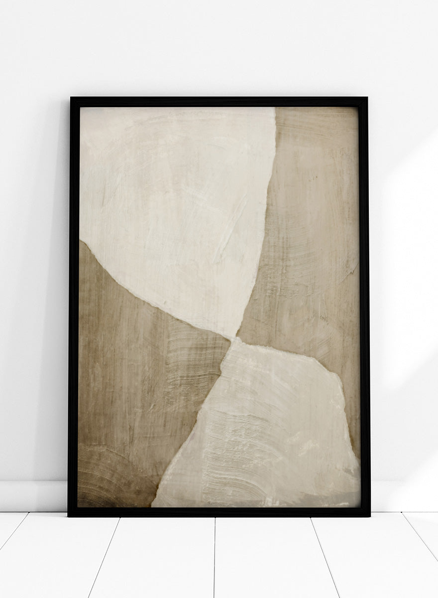 Shop Glide Abstract by Dan Hobday, a neutral abstract art print featuring soft cream and taupe forms, organic curves, and layered textured brushwork.