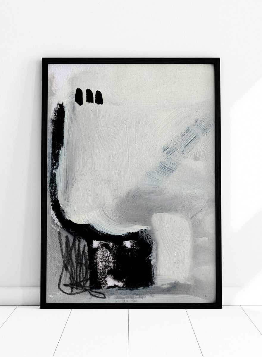 Shop Beyond No.02 by Dan Hobday, a minimalist abstract wall art print poster featuring expressive black forms and soft gray brushwork on a white ground.