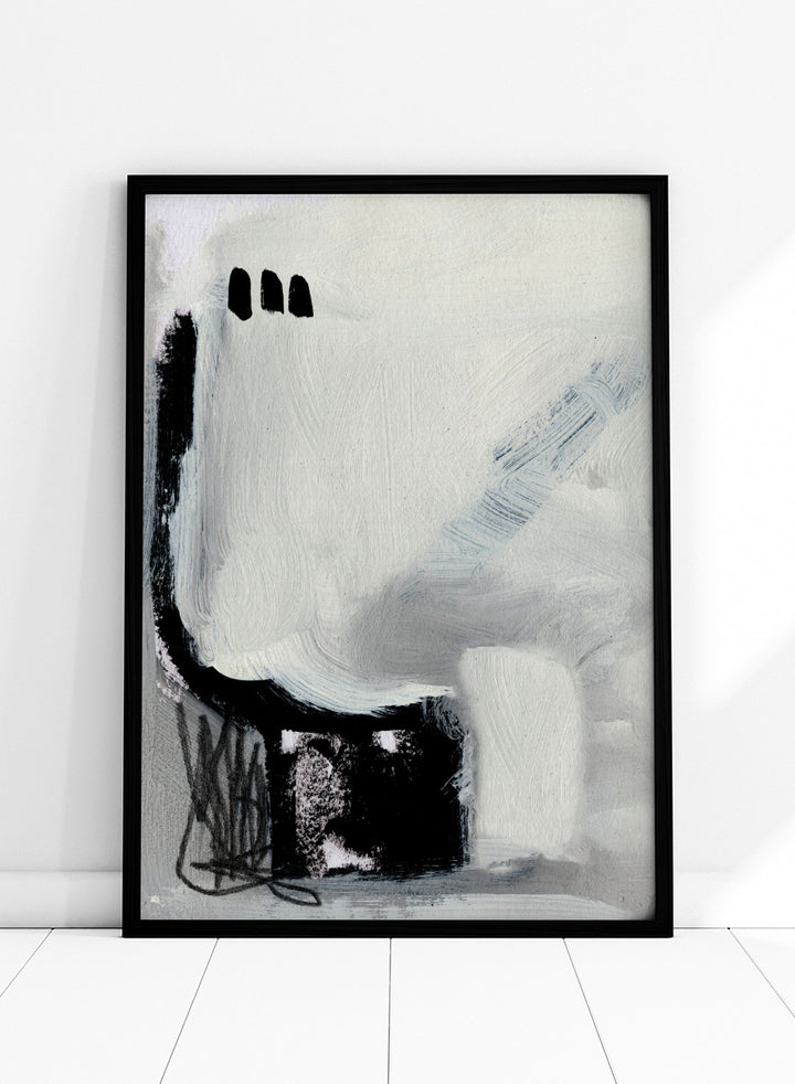 Shop Beyond No.02 by Dan Hobday, a minimalist abstract wall art print poster featuring expressive black forms and soft gray brushwork on a white ground.