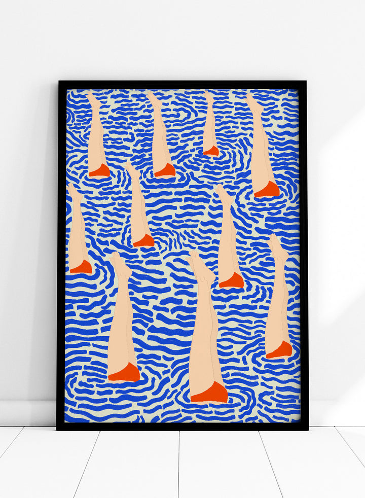 Bañistas by Jota De Jai is a playful modern fine art print of summer swimmers floating in bold blue waves. Available unframed or framed in real wood.