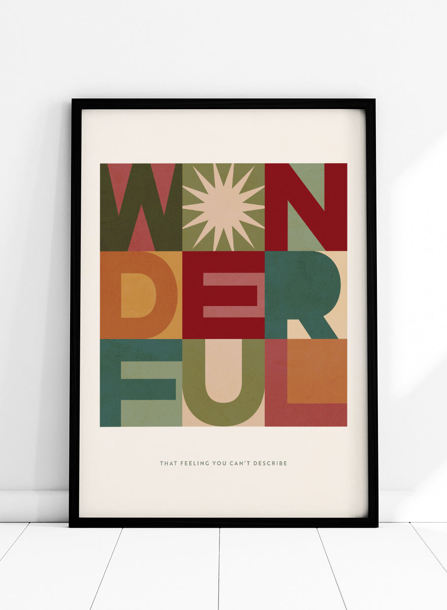 Shop Wonderful Typographic Grid by Dominique Vari, a retro typography wall art print poster featuring bold geometric letters in red, teal, olive, pink, and ochre.