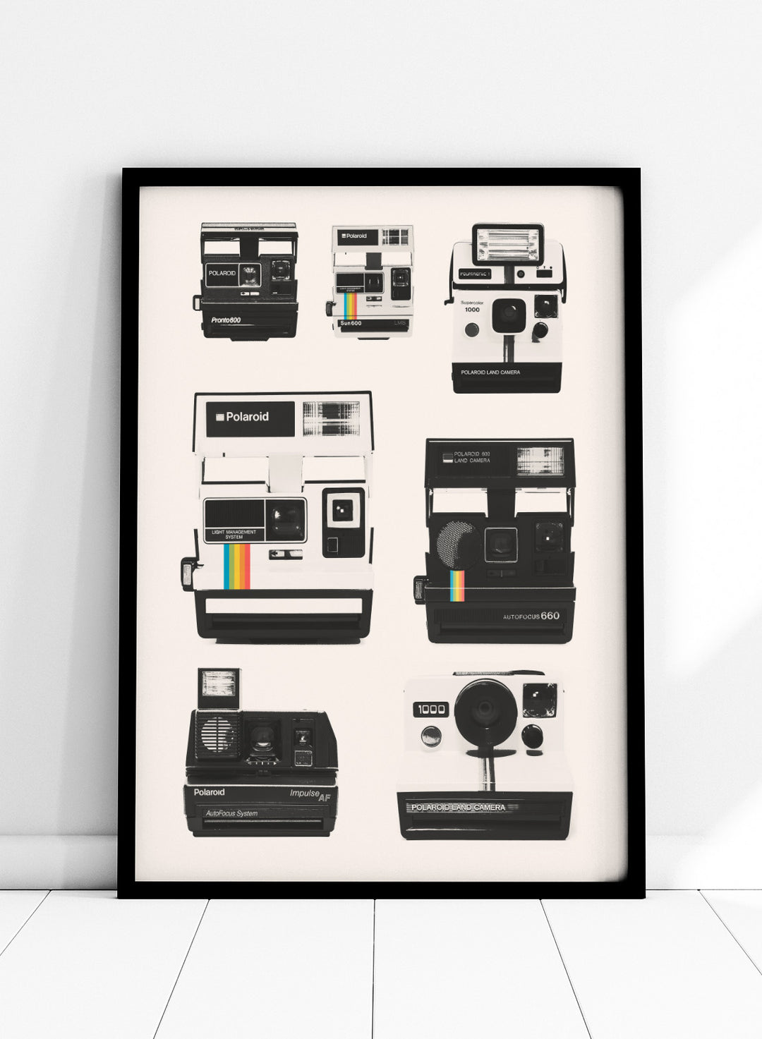 Collection of Polaroid cameras displayed against a white background. Vintage Instant Cameras by Florent Bodart is a retro camera art print featuring classic Polaroid designs, a modern wall poster for photography and design lovers.
