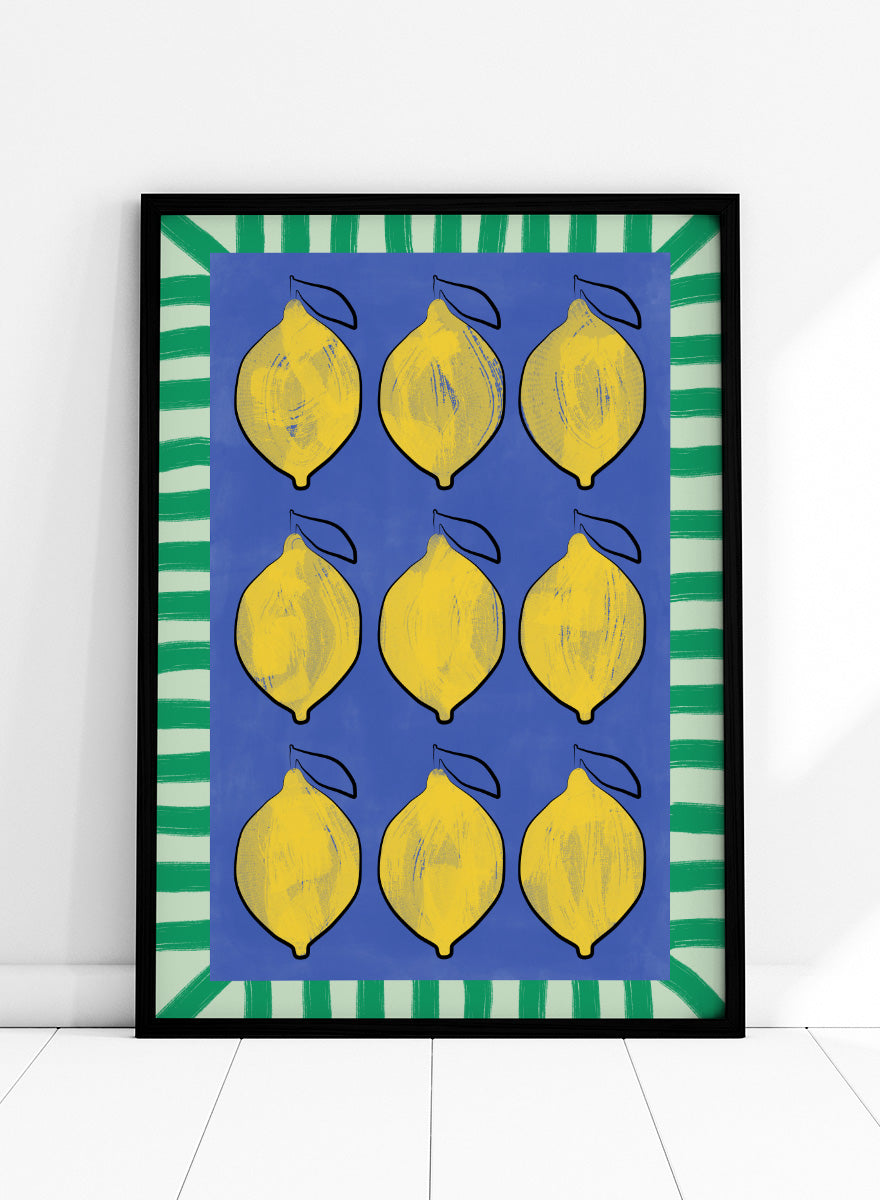 Shop Vibrant Lemons Blue Grid by Elena Ristova, a colorful lemon wall art print poster in yellow, blue, and green with a bold graphic grid design.