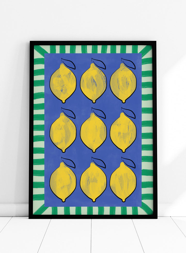 Shop Vibrant Lemons Blue Grid by Elena Ristova, a colorful lemon wall art print poster in yellow, blue, and green with a bold graphic grid design.