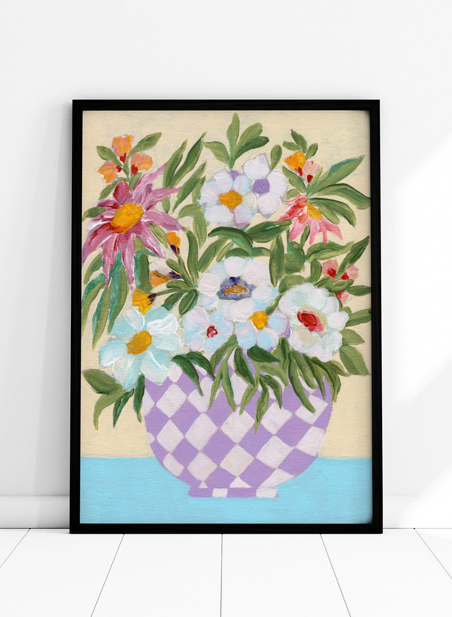 Shop Cheerful Flower Bouquet by Nikita Jariwala, a floral wall art print poster featuring a colorful flower arrangement in a purple checkered vase.