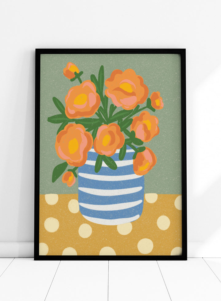 Shop Orange Floral Still Life by Nikita Jariwala, a floral wall art print poster featuring orange flowers in a blue striped vase with playful botanical details.