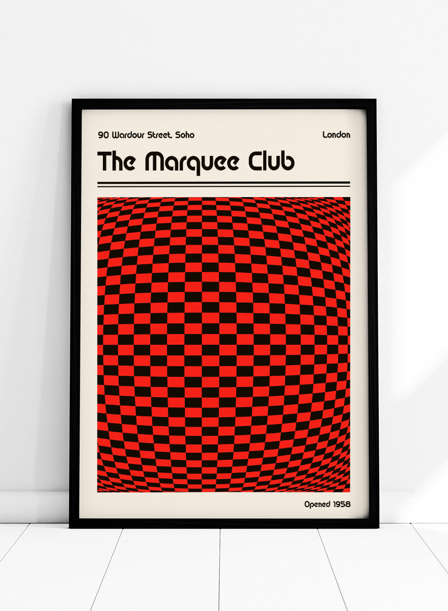 A poster-style graphic for The Marquee Club with a large red-and-black checkered optical illusion panel, black text reading &
