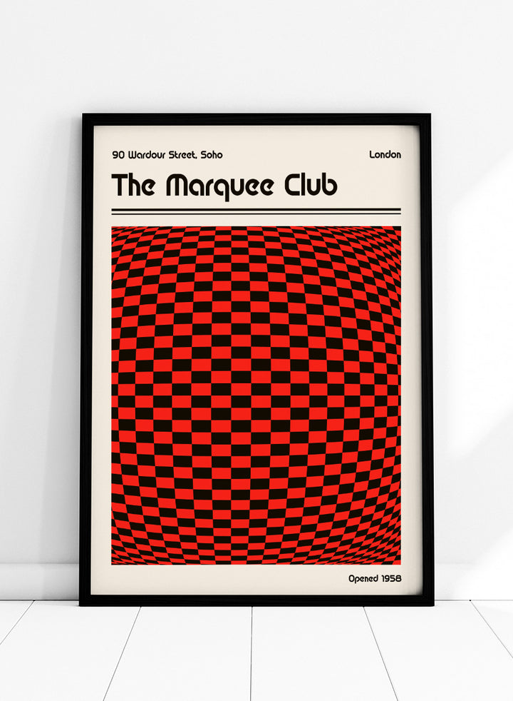 A poster-style graphic for The Marquee Club with a large red-and-black checkered optical illusion panel, black text reading &