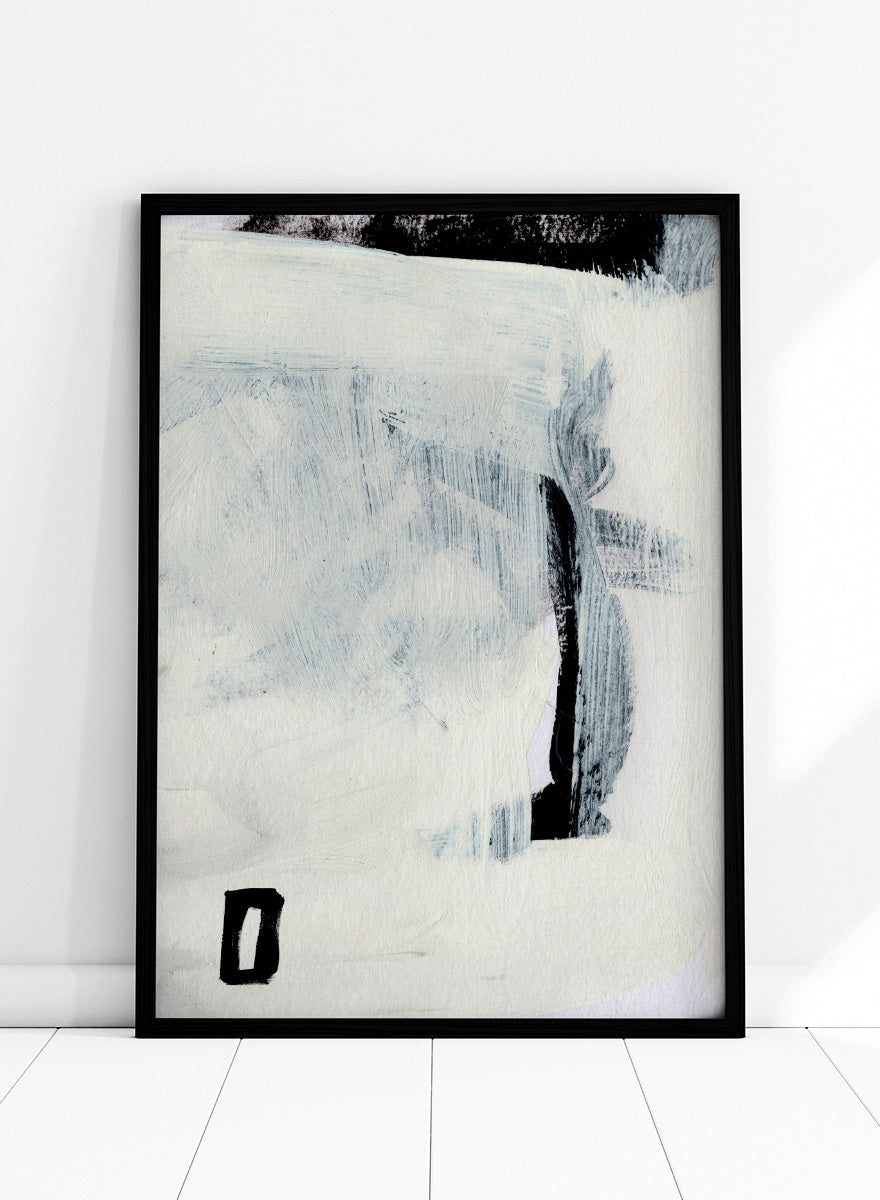 Shop Beyond by Dan Hobday, an abstract wall art print poster featuring layered blue-gray brushwork, black accents, and a minimalist modern composition.