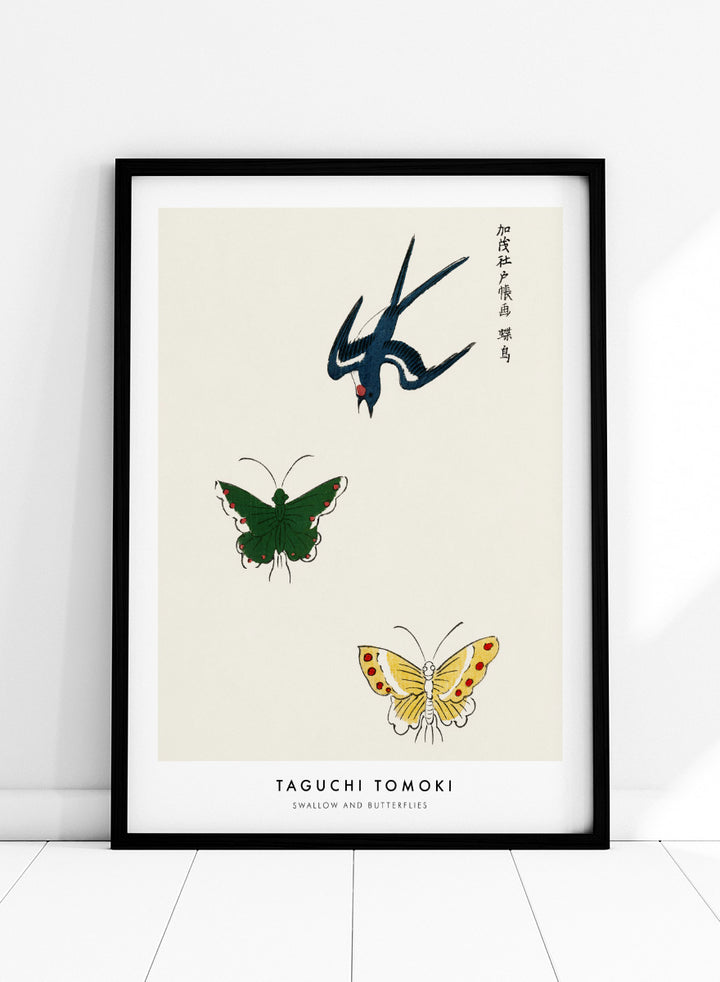 Swallow and Butterflies by Taguchi Tomoki from Yatsuo no Tsubaki is a vintage Japanese woodblock art print featuring a blue swallow and colorful butterflies on warm ivory.