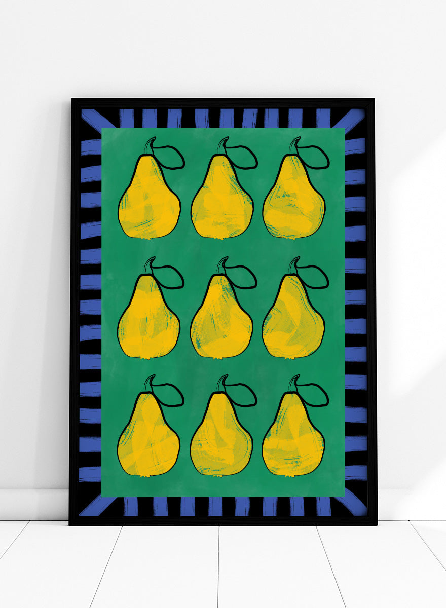 Shop Vibrant Pears Grid by Elena Ristova, a colorful pear wall art print poster in yellow, green, and blue with a bold graphic grid design.