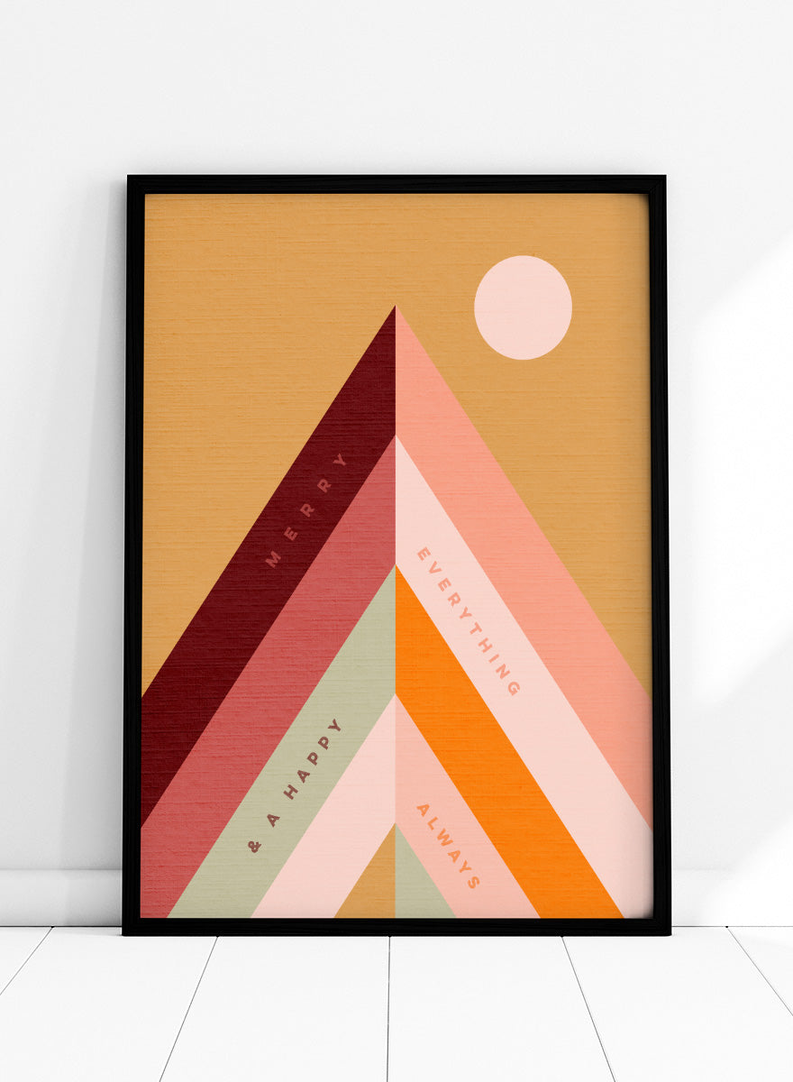 Shop Merry Everything Mountains by Dominique Vari, a retro holiday wall art print poster featuring colorful geometric mountains, cheerful typography, and warm festive tones.