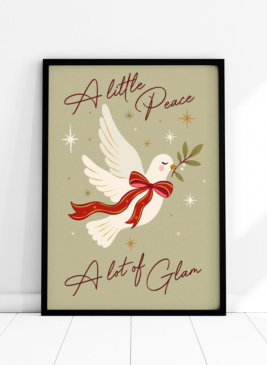 Shop Peace And Glam Dove by Dominique Vari, a festive dove wall art print poster featuring a red bow, olive branch, retro stars, and playful holiday typography.