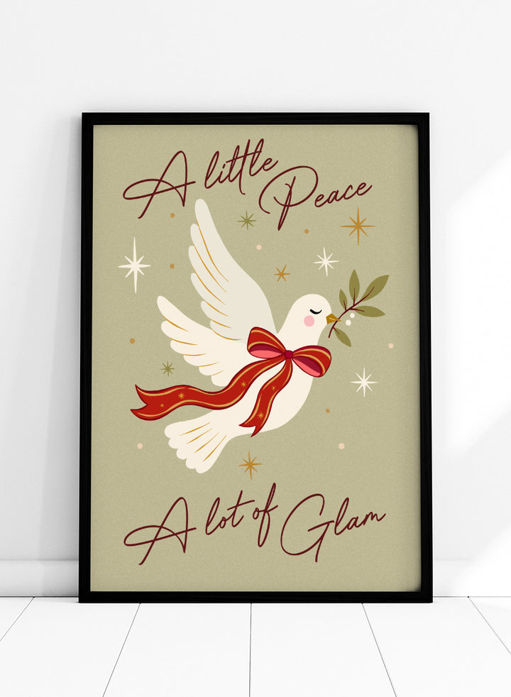 Shop Peace And Glam Dove by Dominique Vari, a festive dove wall art print poster featuring a red bow, olive branch, retro stars, and playful holiday typography.
