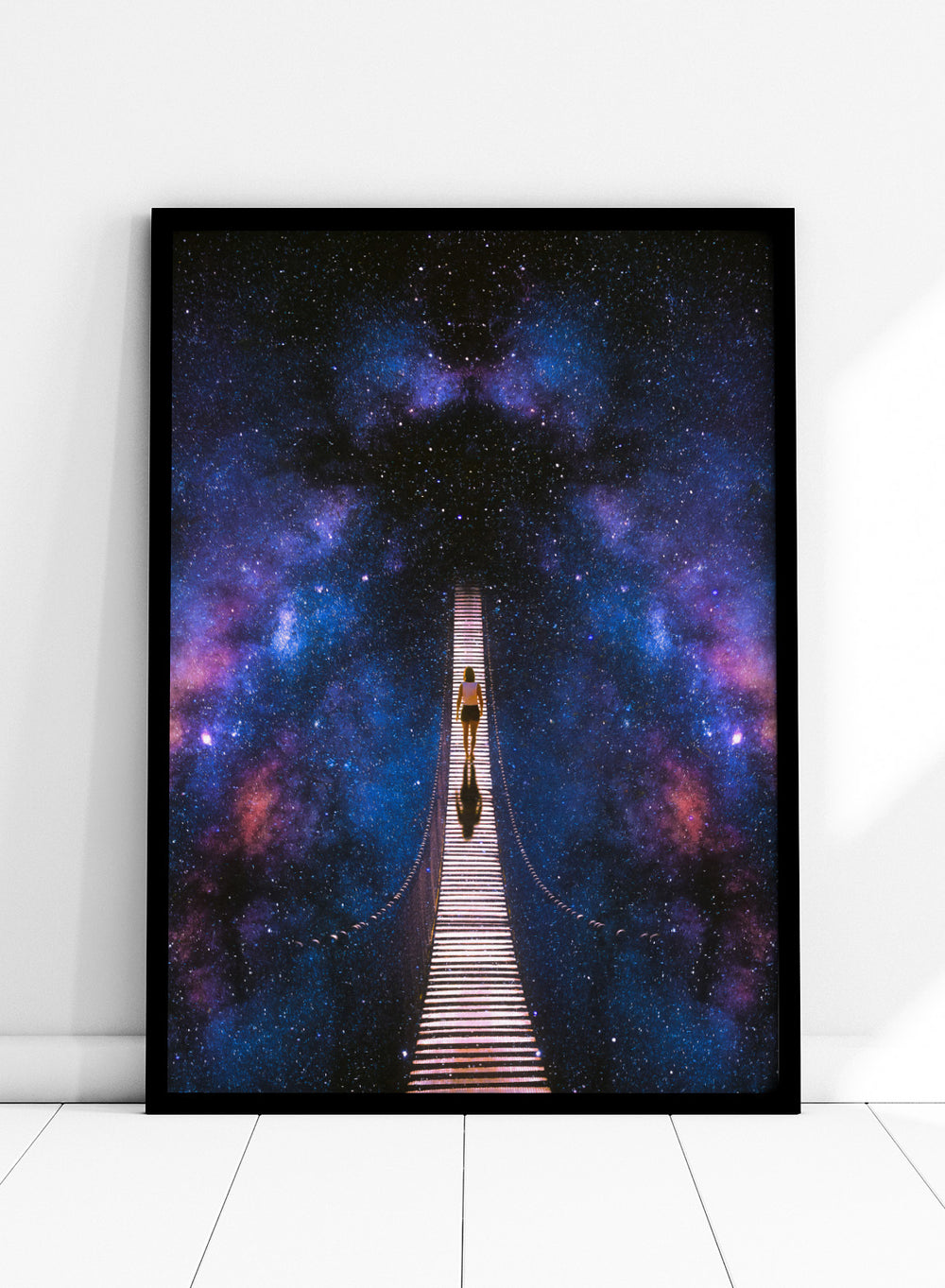 Person standing on a bridge stretching into space with a starry background. Infinity by Taudalpoi surreal cosmic bridge art print with lone figure walking through galaxy starscape, retro sci fi collage poster wall art.