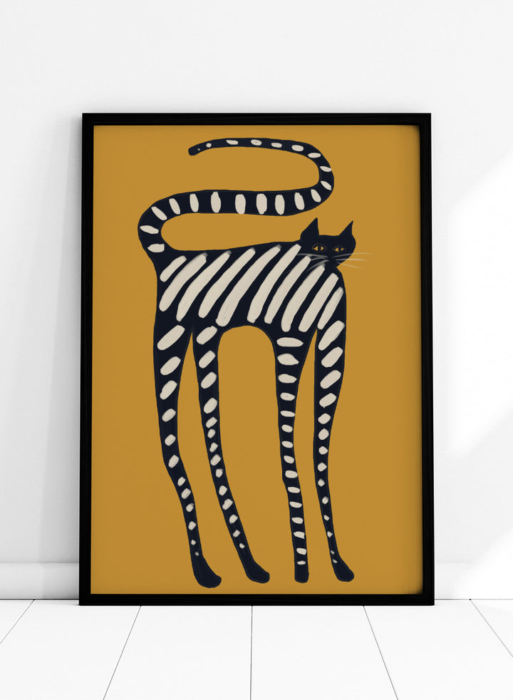 A stylized art print of a cat with black and white stripes on a mustard yellow background. Elegant Striped Cat by The Art Concept playful cat art print featuring a long black cat with cream stripes and an oversized curved tail on mustard yellow.