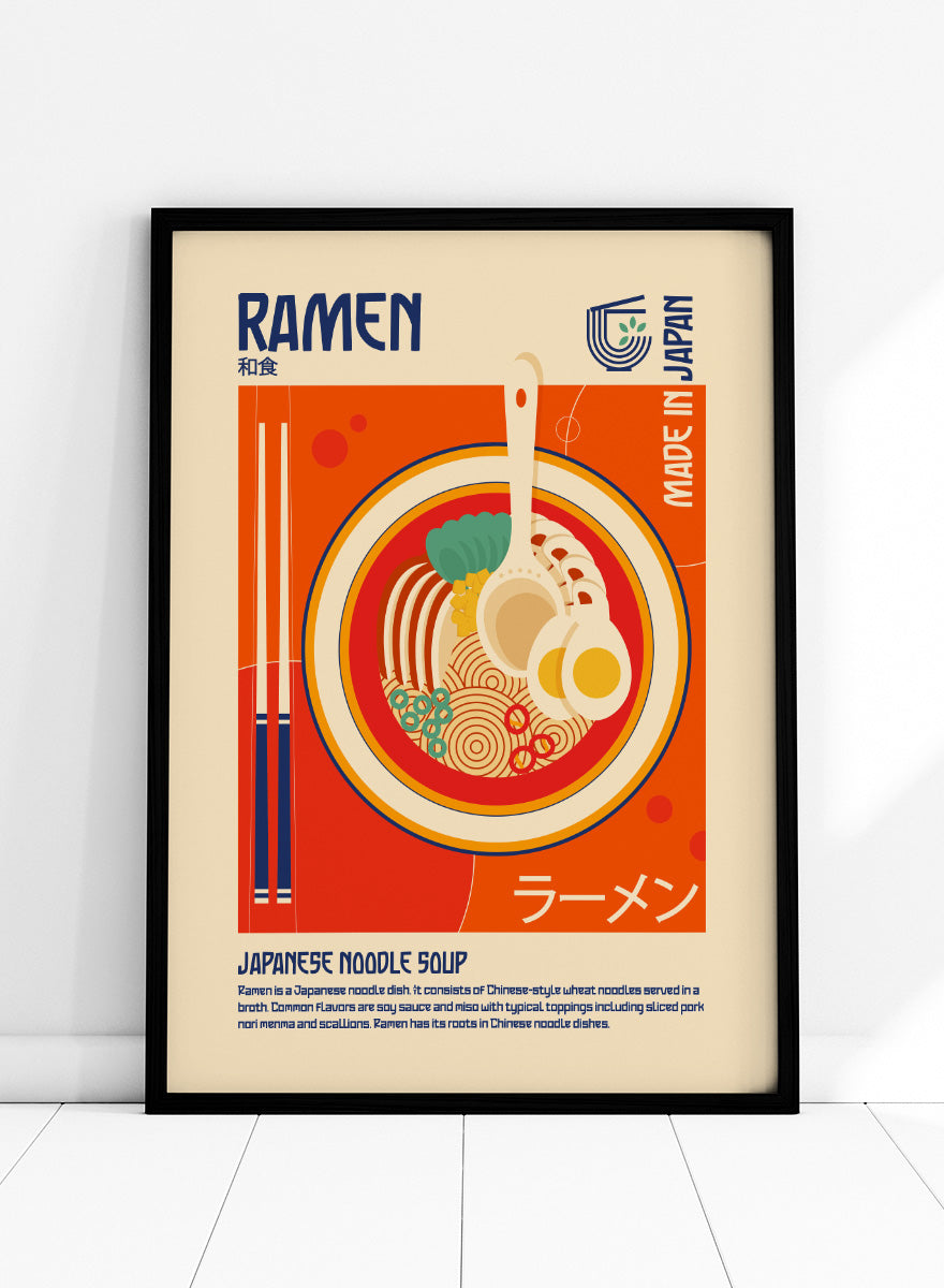 A stylized travel poster of Japanese Ramen noodle soup, featuring a central illustration of a bowl filled with noodles, a soft-boiled egg, green onions, and a ladle, set against a warm orange and beige background with 'RAMEN' and 'MADE IN JAPAN' text. Classic Japanese Ramen by Retrodrome retro kitchen art featuring ramen, eggs, scallions, Japanese typography, chopsticks, and bold orange-red color.