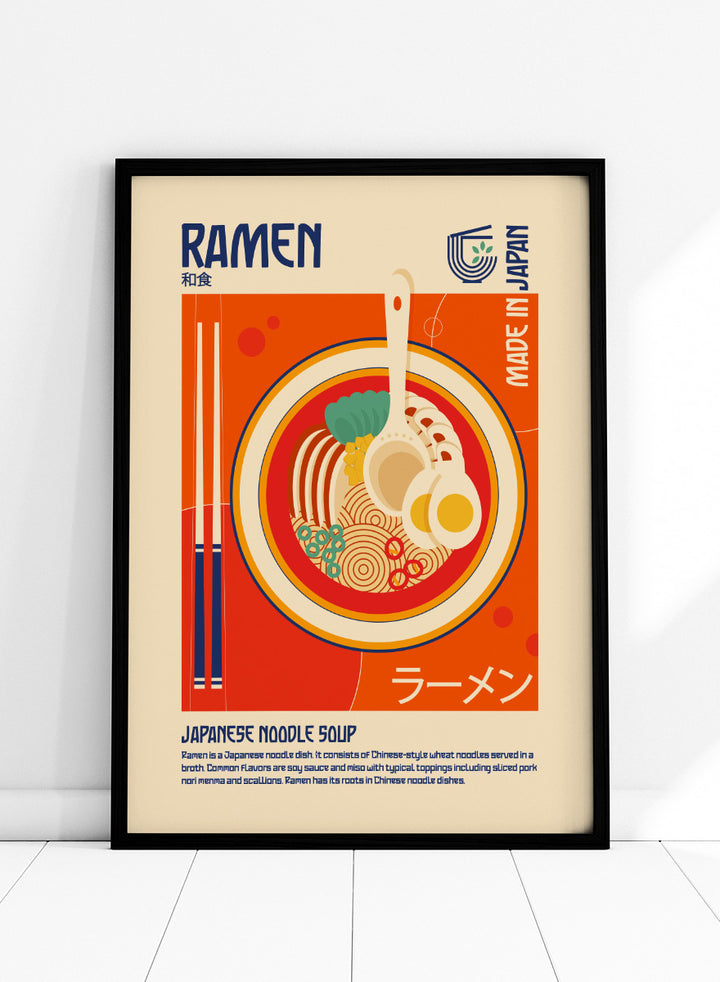 A stylized travel poster of Japanese Ramen noodle soup, featuring a central illustration of a bowl filled with noodles, a soft-boiled egg, green onions, and a ladle, set against a warm orange and beige background with &
