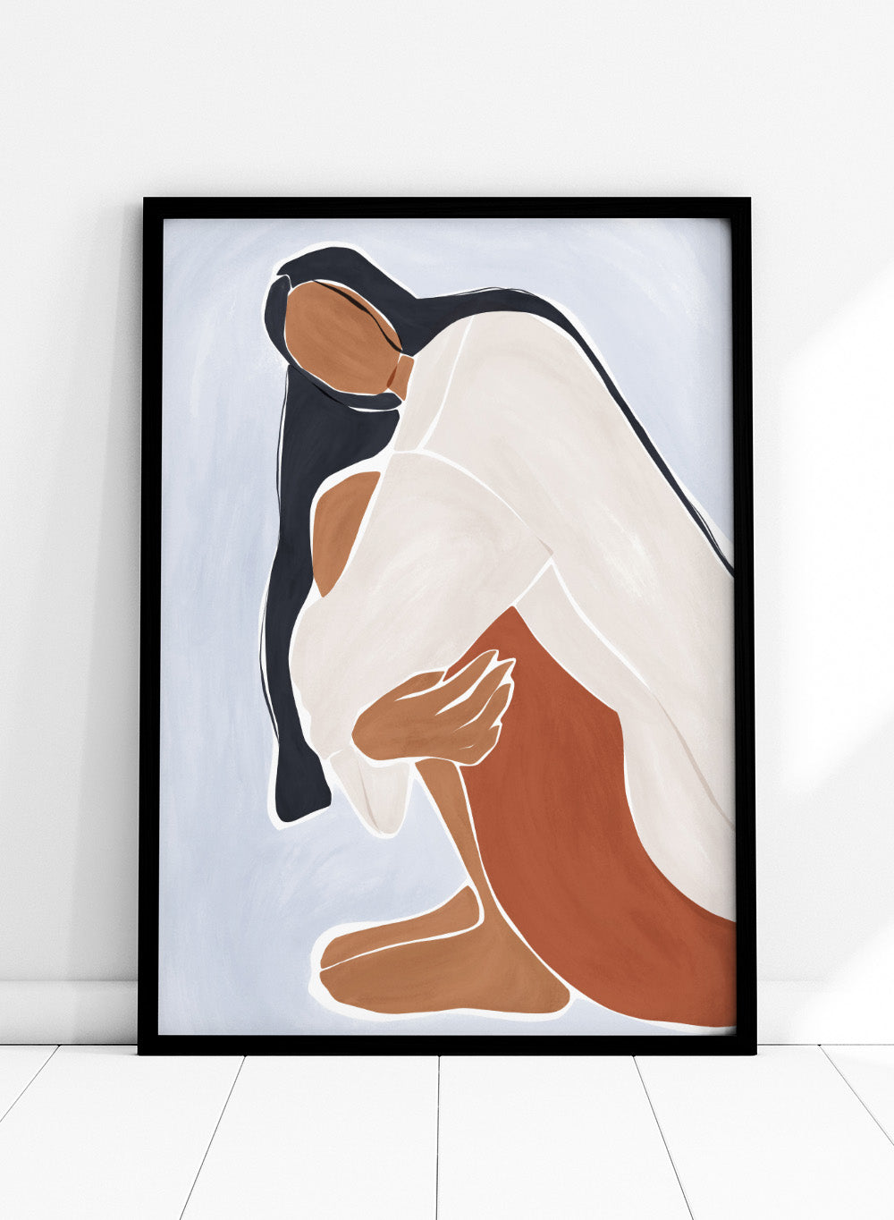 Woman Embracing Herself by Ivy Green is a modern illustration art print celebrating self love and calm emotion. Premium fine art print with optional wood framing.
