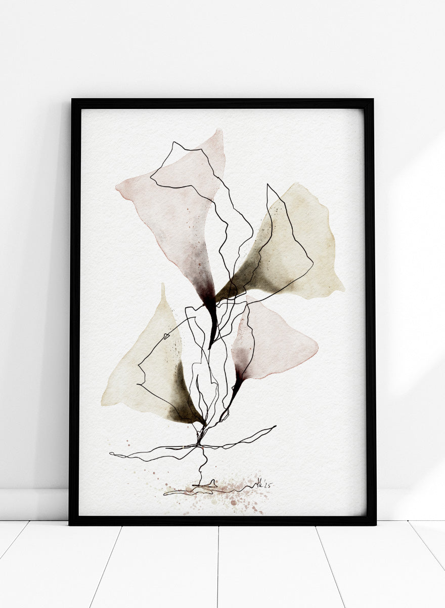 Abstract watercolor and ink botanical art print featuring soft beige, brown, and dusty rose watercolor shapes with fine black line work on textured white paper. Shop Abstract Botanical Flow by Ankie Kooi, a botanical wall art print poster with abstract watercolor leaves, floral line art, pink, green, cream, and black.